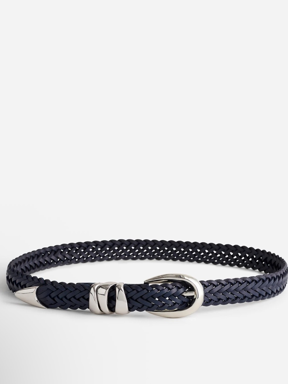 Braided Leather Belt with Silver Buckle - Navy
